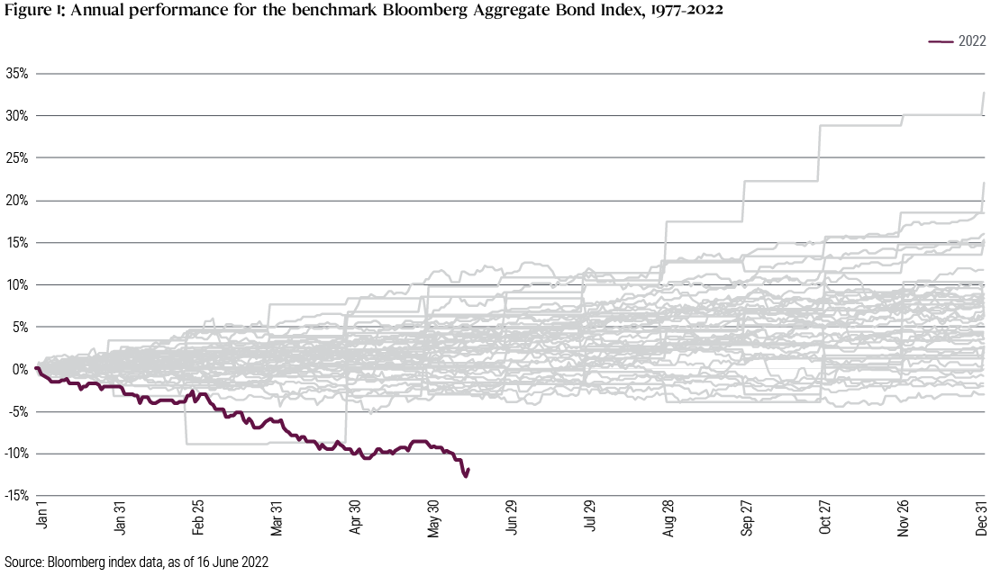 Figure 1: This graph tracks the annual performance of the benchmark Bloomberg Aggregate Bond Index from 1977 to 2022, showing a marked drop from January to June of this year.